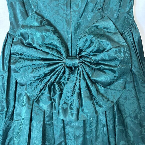 VTG 80s Jessica McClintock Green Brocade Lace Neck Formal Midi Dress Size 13/14 - Picture 7 of 14